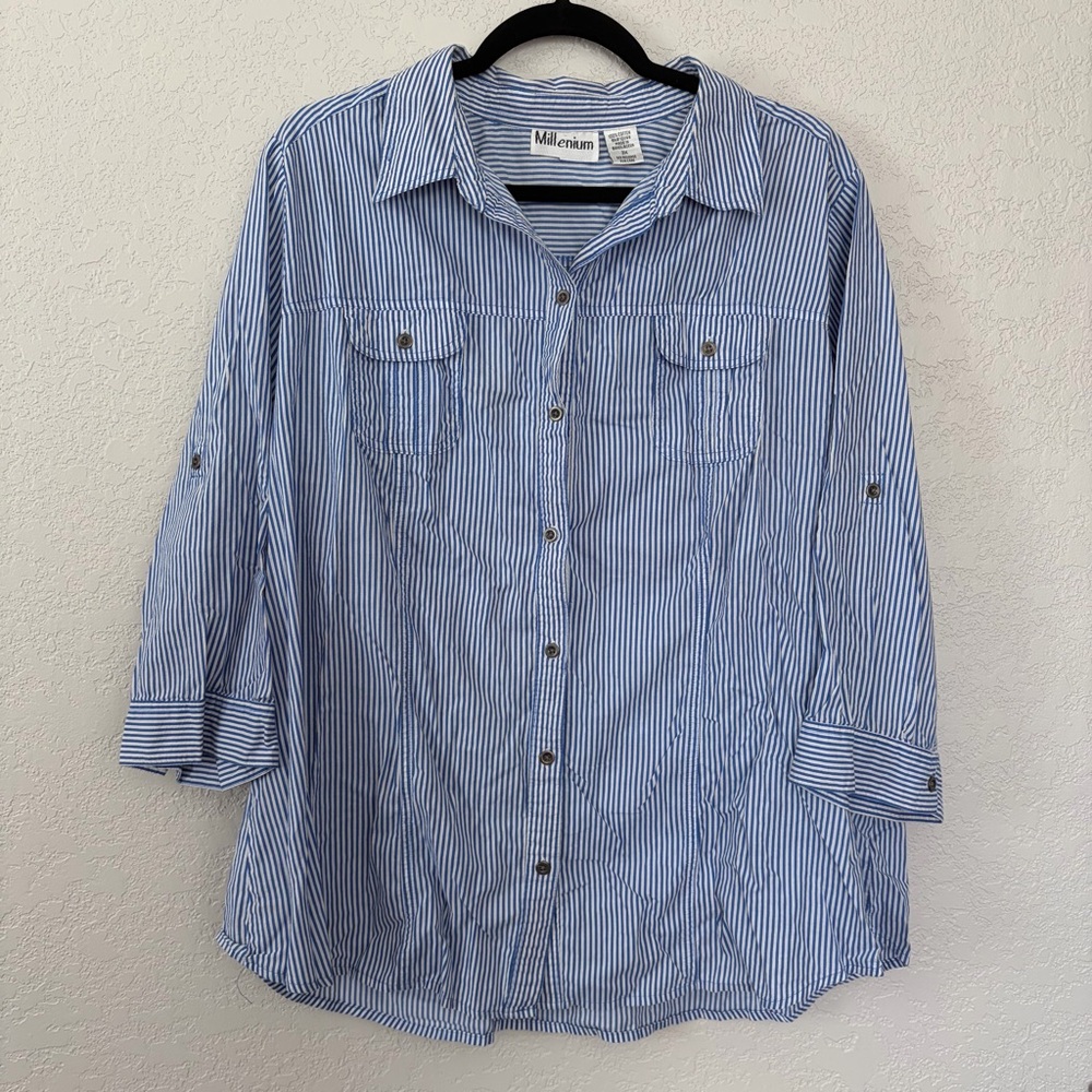 Millenium Women's Size 3X Blue White Striped Pocket 3/4 Sleeves Button Up Blouse